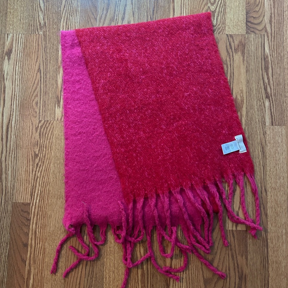Anthropologie Red and Pink Cozy Fringed Wrap
